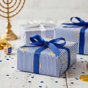 Papier Cadeau Étoile de David dorée juive bleu foncé rayée