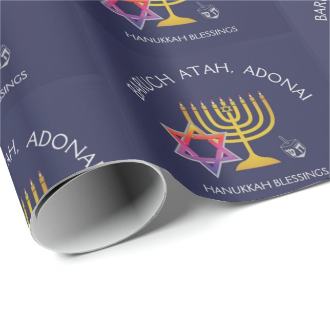 Papier Cadeau Étoile de David Menorah Dreidel Bénédiction | Chan (Coin rond)