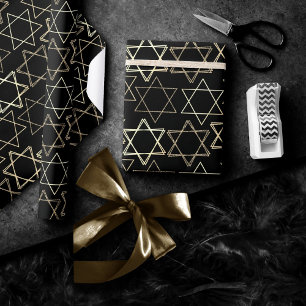 Papier Cadeau Étoile de David Motif Or moderne en noir