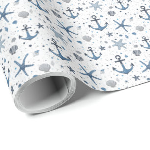 Papier Cadeau Étoile de Mer Ancre Marine Bleu et B