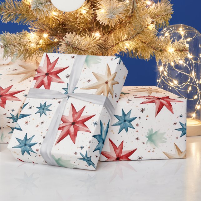 Papier Cadeau Étoile de Noël Ornements Rouge Bleu moderne Noël (Vacances)