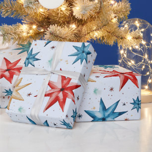Papier Cadeau Étoile de Noël Ornements Rouge Bleu moderne Noël