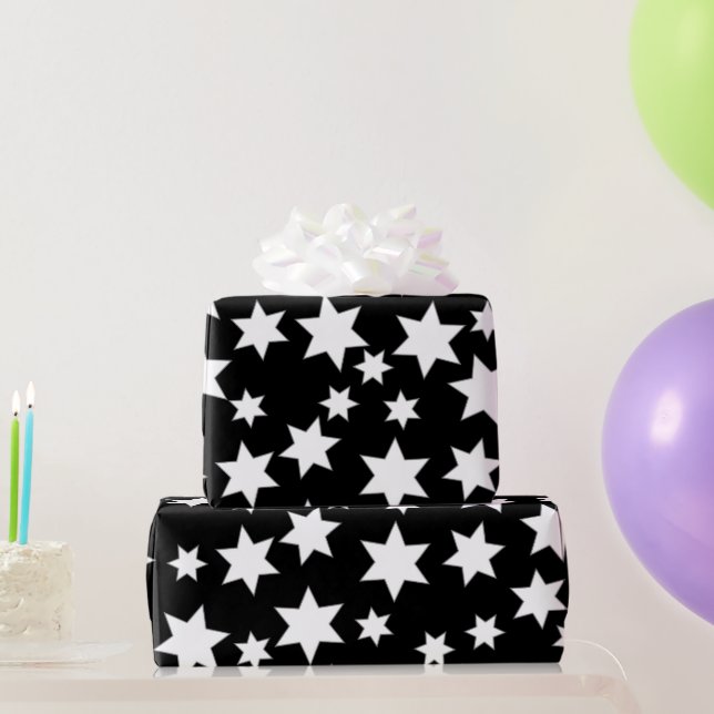 Papier Cadeau Étoiles blanches aléatoires sur noir (Cadeaux de fête)