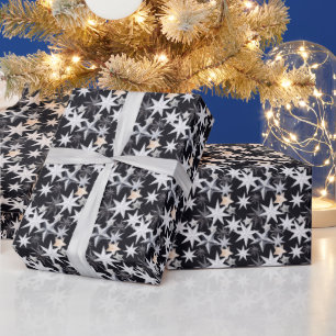 Papier Cadeau Étoiles blanches et beige. Fond noir. Noël