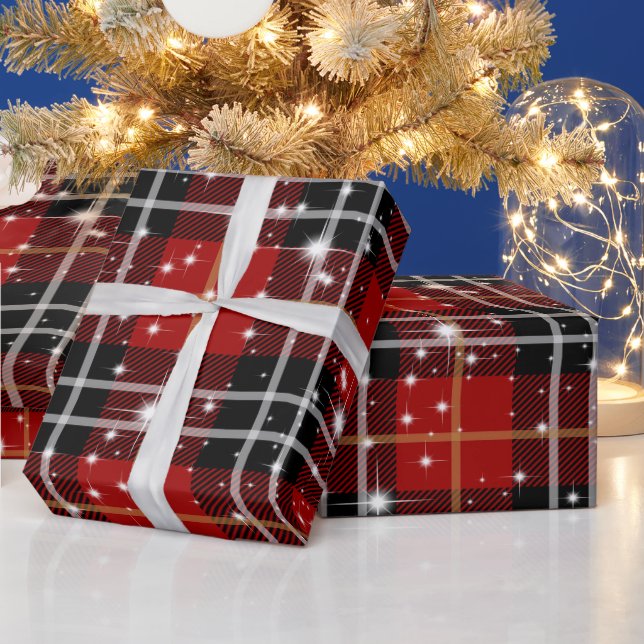 Papier Cadeau Étoiles Blanches Sur Tartan Plaid (Vacances)