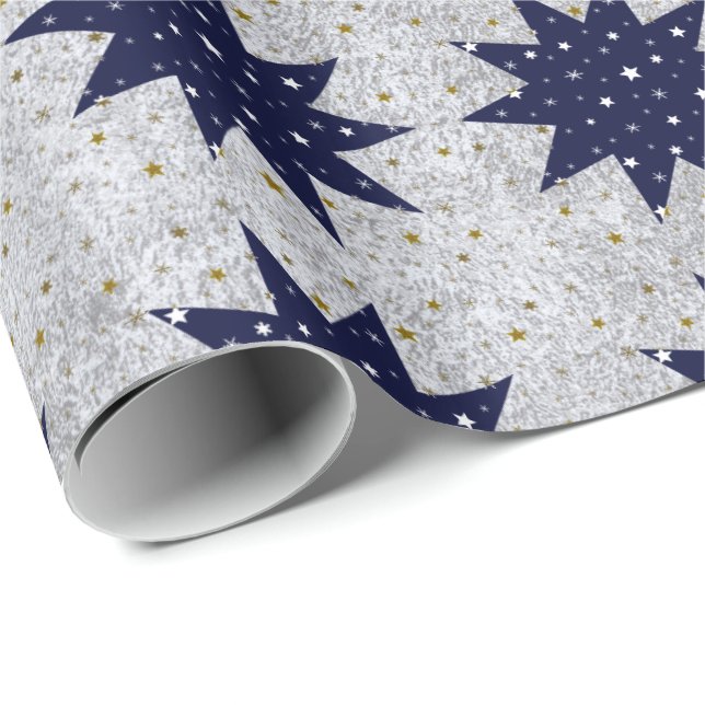 Papier Cadeau étoiles bleues & étoiles blanches & étoiles brilla (Coin rond)
