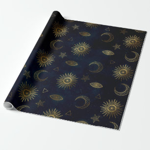 Papier Cadeau Étoiles célestes Blue Gold Sun Moon
