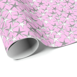 Papier Cadeau étoiles d'argent, sur orchidée rose