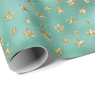 Papier Cadeau Étoiles de la Parties scintillant Gold Glam Green