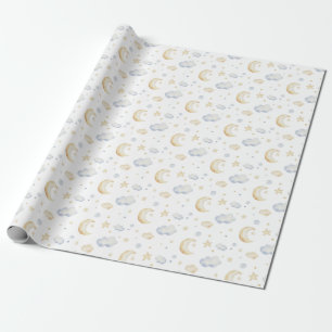 Papier Cadeau Etoiles de lune d'aquarelle et Motif de nuage
