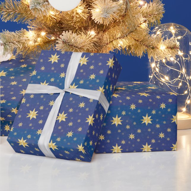 Papier Cadeau Étoiles de Noël Or sur bleu (Vacances)