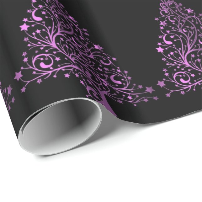Papier Cadeau Étoiles de Sapin de Noël Noir Métallisé Aspect Ros (Coin rond)