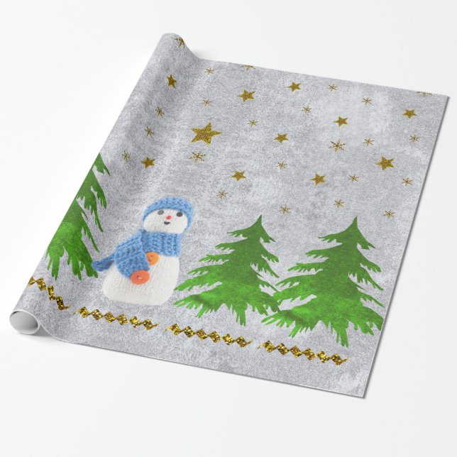 Papier Cadeau étoiles d'or brillant, bonhomme de neige et arbre  (Déroulé)