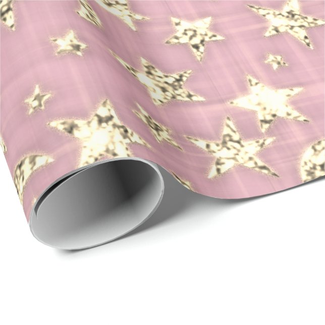 Papier Cadeau Étoiles d'or brillant Lune rose pastel Sky Black (Coin rond)