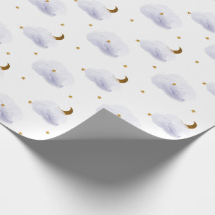 Papier Cadeau Etoiles d'or, lune et nuages de lavande