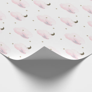 Papier Cadeau Etoiles d'or, lune et nuages roses fluides