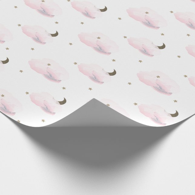 Papier Cadeau Etoiles d'or, lune et nuages roses fluides (Coin)