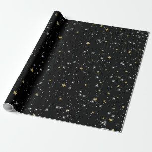 Papier Cadeau Étoiles d'Or Noir Ciel Étincelant Fête d'Anniversa