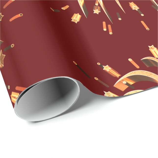 Papier Cadeau Étoiles dorées feux d'artifice Rouge festif Noël (Coin rond)