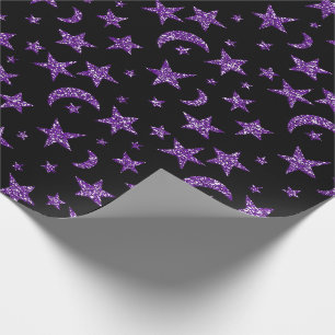 Papier Cadeau Étoiles Et Lune Noire Plum Violet Étincelante