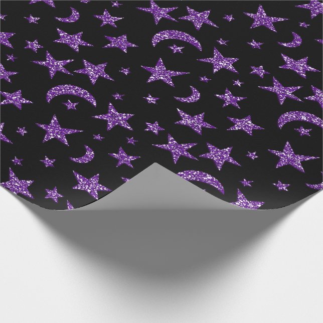 Papier Cadeau Étoiles Et Lune Noire Plum Violet Étincelante (Coin)