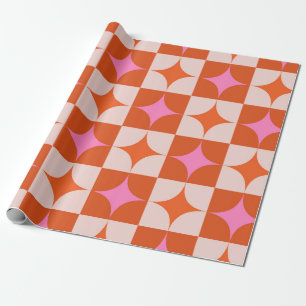 Papier Cadeau Étoiles explosées rose orange à carreaux de style
