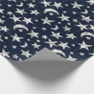 Papier Cadeau Étoiles Gris Gris Argent Lune Twinkl Bleu Marine