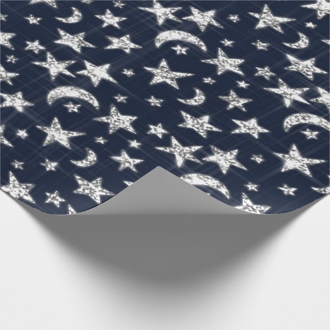 Papier Cadeau Étoiles Gris Gris Argent Lune Twinkl Bleu Marine (Coin)