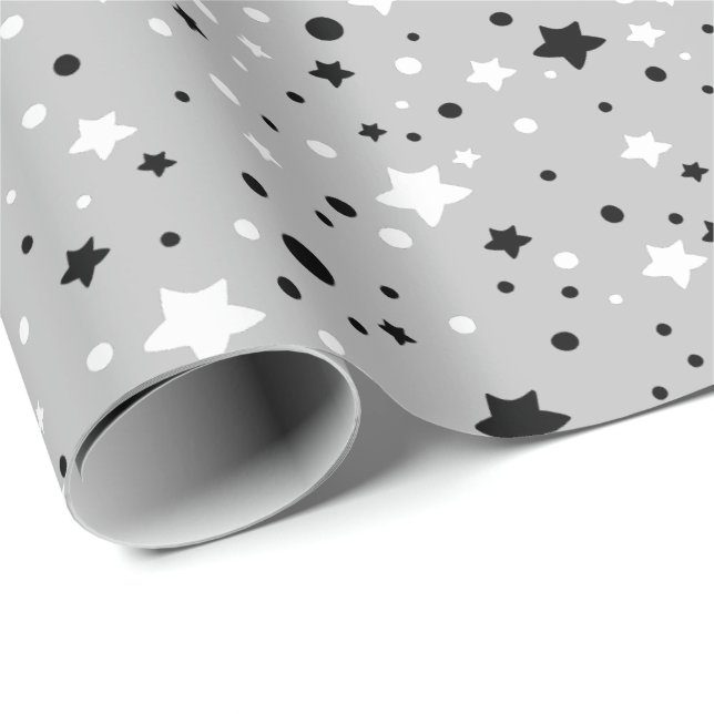 Papier Cadeau étoiles noir et blanc sur gris (Coin rond)