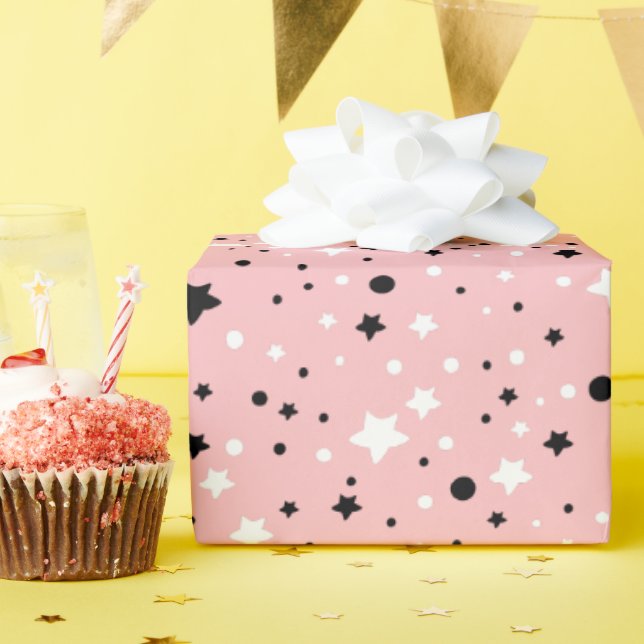 Papier Cadeau Étoiles noires et blanches en rose (Fête d'anniversaire)