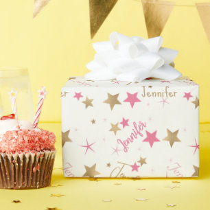 Papier Cadeau Étoiles rose et or Nom personnalisé Anniversaire