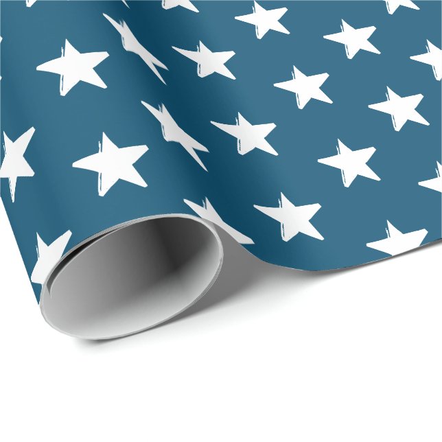 Papier Cadeau Etoiles turquoise bleu et blanc motif moderne patr (Coin rond)