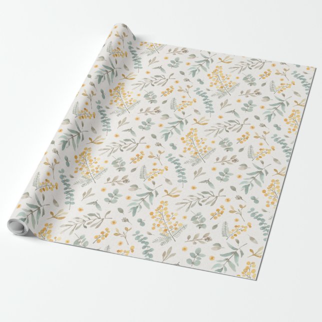 Papier Cadeau Eucalyptus australien d'acacia d'aquarelle jaune (Déroulé)