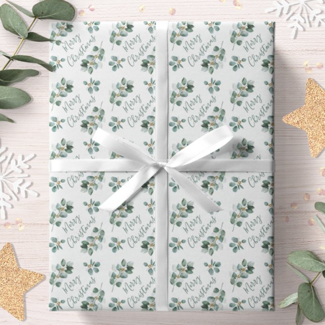 Papier Cadeau Eucalyptus Joyeux Noël Aquarelle Botanique (Créateur téléchargé)