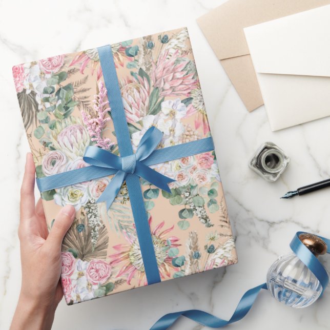 Papier Cadeau Eucalyptus Rose Blanc Floral Boho Mariage Annivers (Cadeaux)