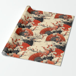 Papier Cadeau Éventail de motif de fleurs de cerisier japonais (