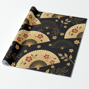 Papier Cadeau Éventail en or japonais motif Sakura