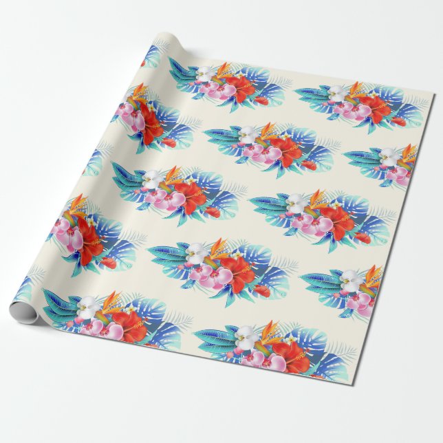 Papier Cadeau Exotic Tropical Flowers - Pink & Aquamarines (Déroulé)