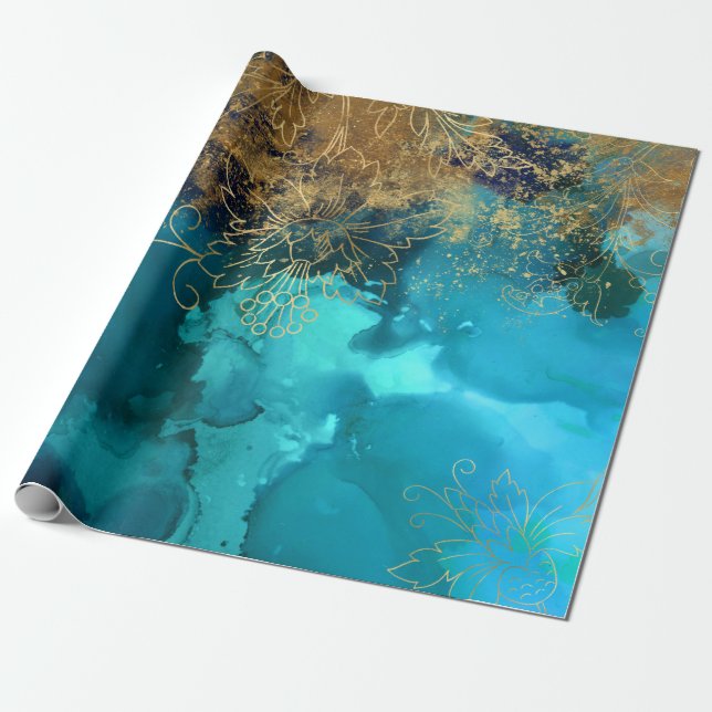 Papier Cadeau Extraits floraux d'or sur Vert Turquoise (Déroulé)