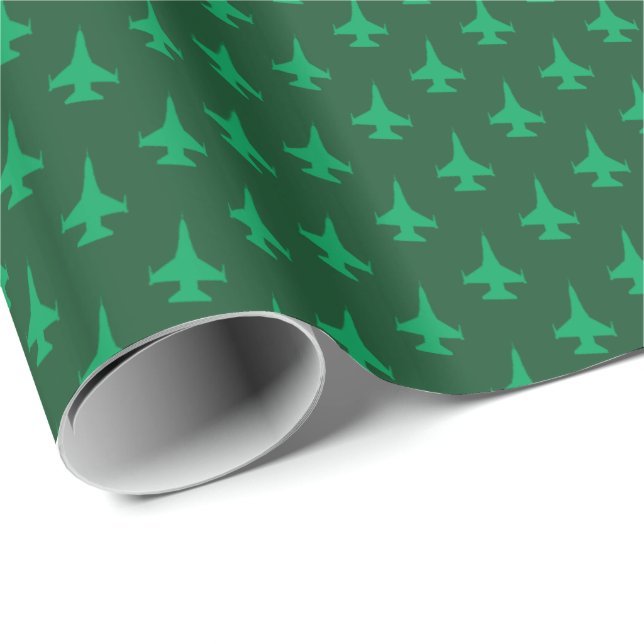Papier Cadeau F-16 Viper Fighter Jet Motif vert sur vert (Coin rond)