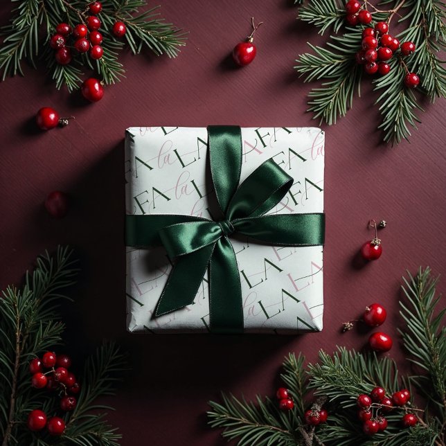 Papier Cadeau Fa La Typographie Noël Carol Blanc (Fa La La Green & Pink Typographic Christmas Carol Wrapping Paper)