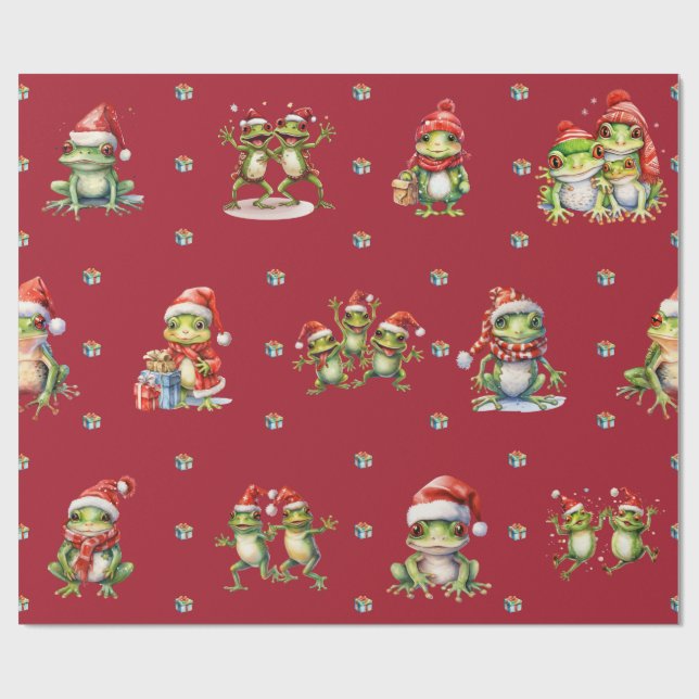 Papier Cadeau Fabulous Frogs Noël Fêtes sur Red Wrapper (Plat)