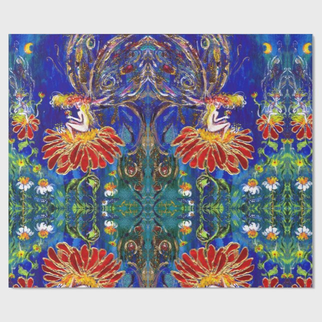 Papier Cadeau FAIRY ON THE RED FLOWER IN NIGHT Blue Green (Plat)