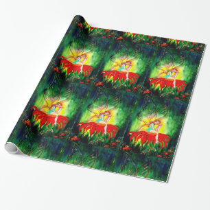 Papier Cadeau FAIRY RÊVER SUR FLEURS ROUGES Vert Imaginaire Jaun