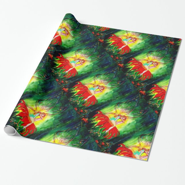 Papier Cadeau FAIRY RÊVER SUR FLEURS ROUGES Vert Imaginaire Jaun (Déroulé)