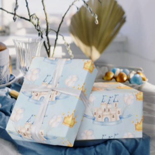 Papier Cadeau Fairytale château magique or couronne bleu ballons