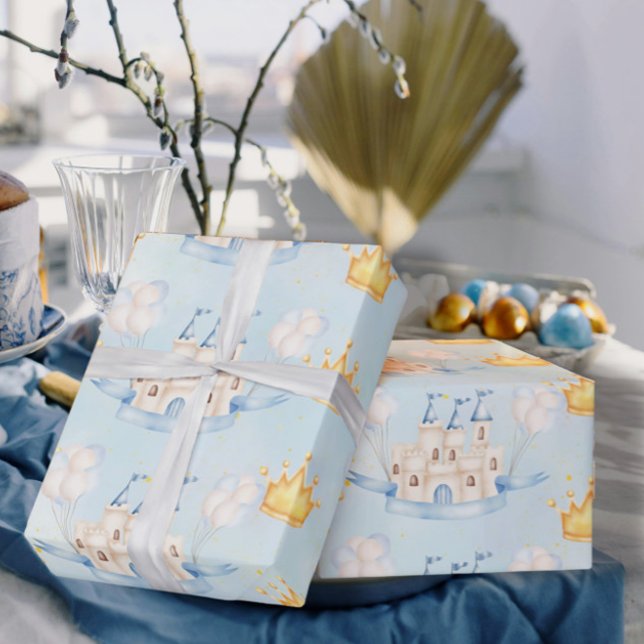 Papier Cadeau Fairytale château magique or couronne bleu ballons (Créateur téléchargé)