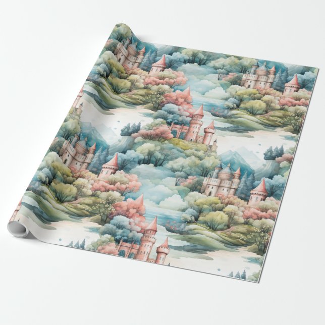 Papier Cadeau Fairytale in Fairyland Châteaux Pastel Pink Blue (Déroulé)