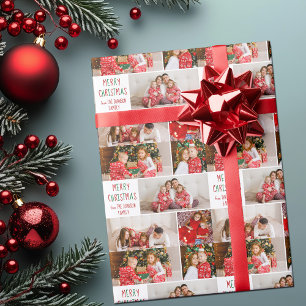 Papier Cadeau Famille 5 Photo Collage Rouge Vert Joyeux Noël