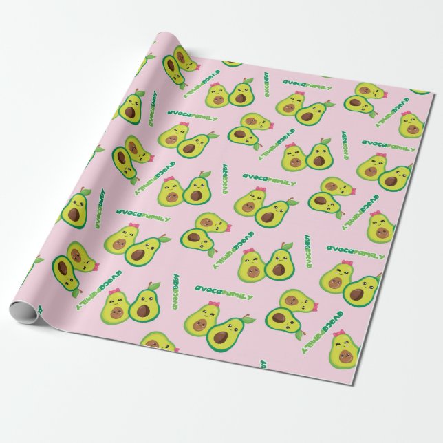 Papier Cadeau Famille Avocado Vert mignon sur violet (Déroulé)